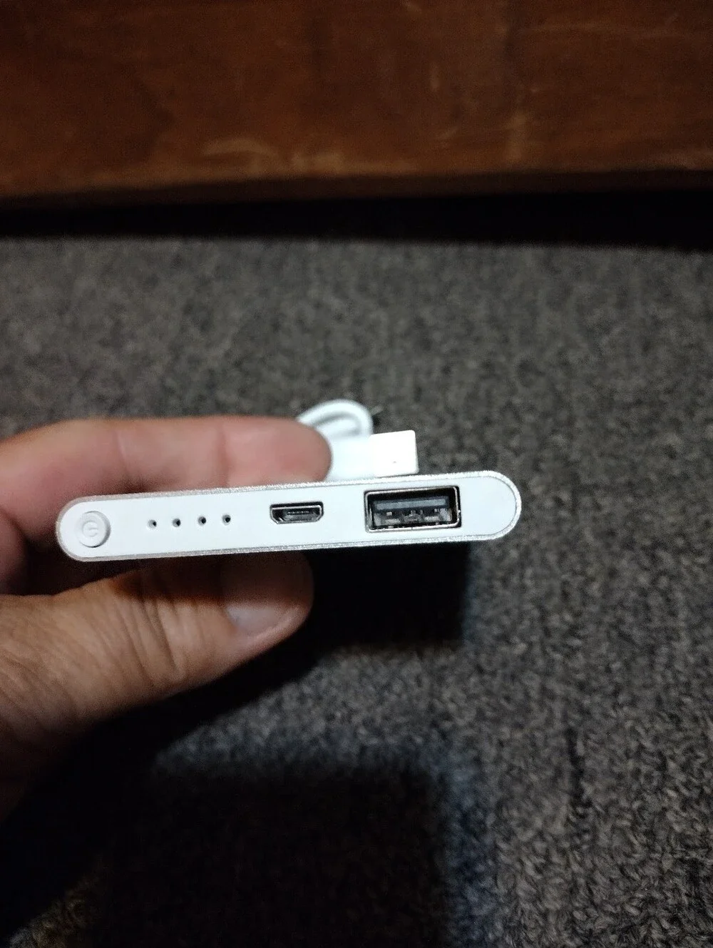 Silver Portable Power Bank with White USB Cable
